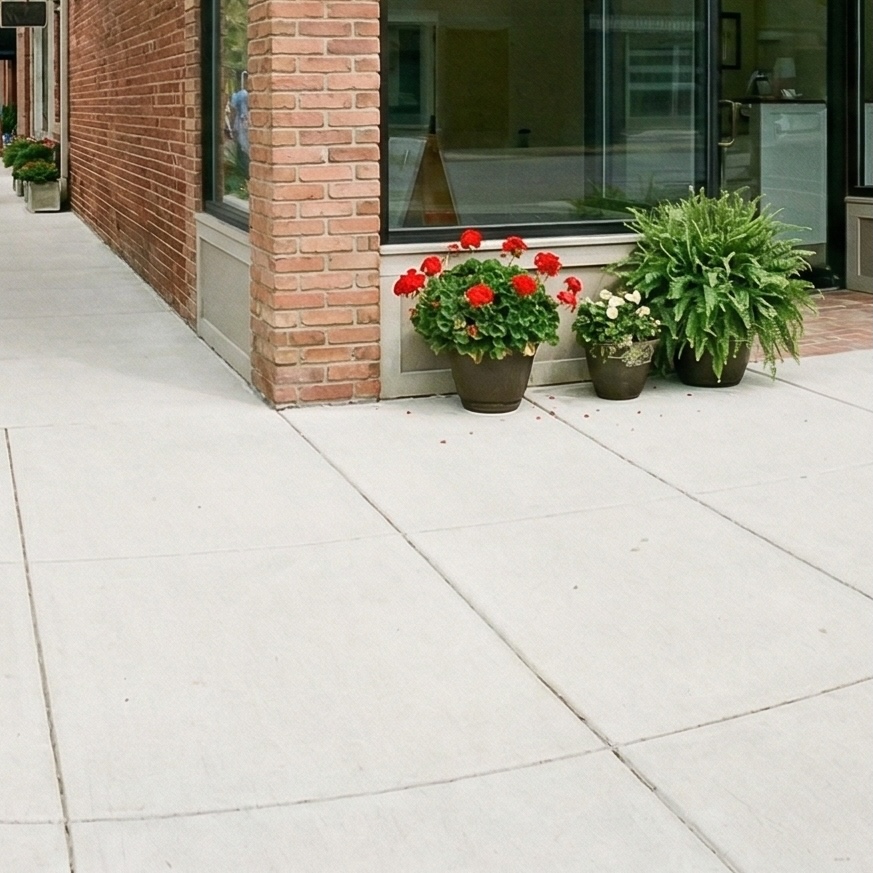A sidewalk view of a brick building with large windows, featuring potted flowers in red and green near the entrance.