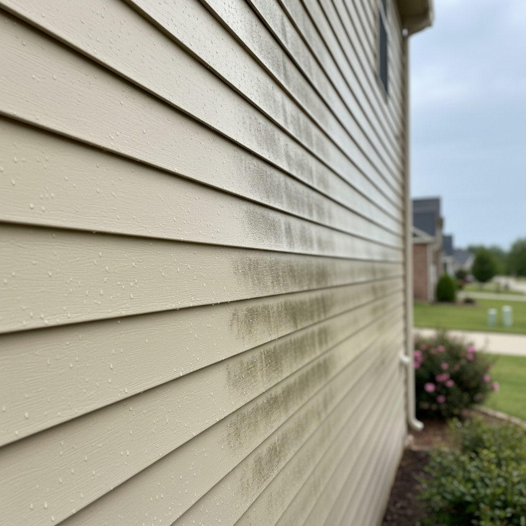 Close-up view of a house's vinyl siding with water droplets and visible mold or dirt streaks.